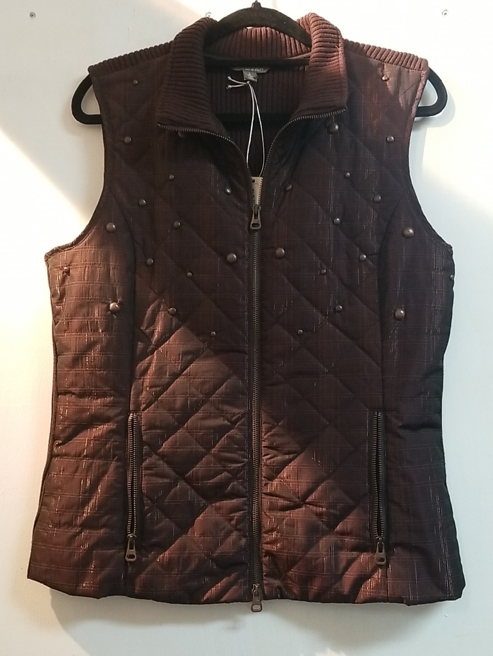 SPANNER Quilted Brown Sleeveless Zip Vest with Stud Detail